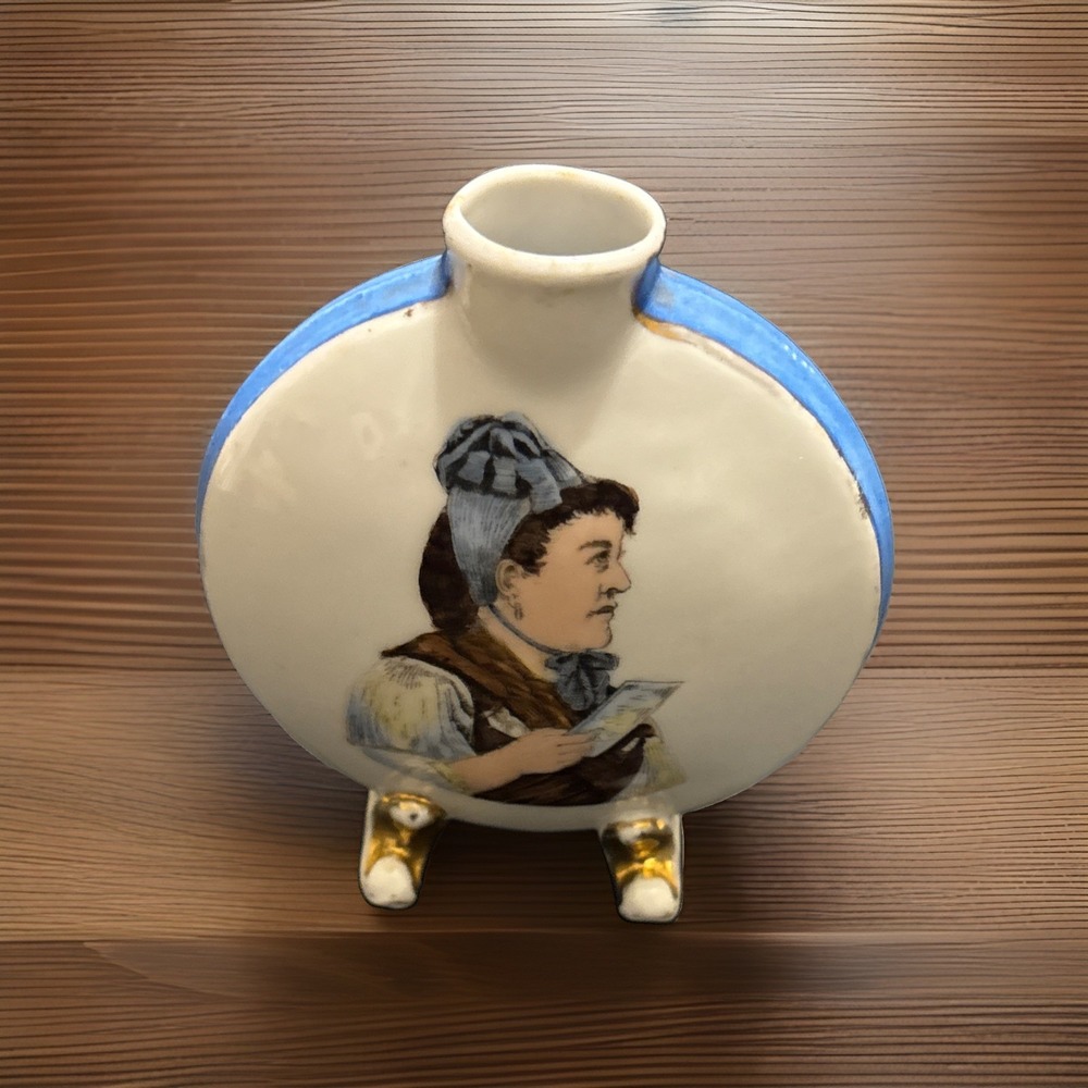 French Faience Moon Flask 4.5" Gold Gilt Feet Detailed Breton Portrait Vase